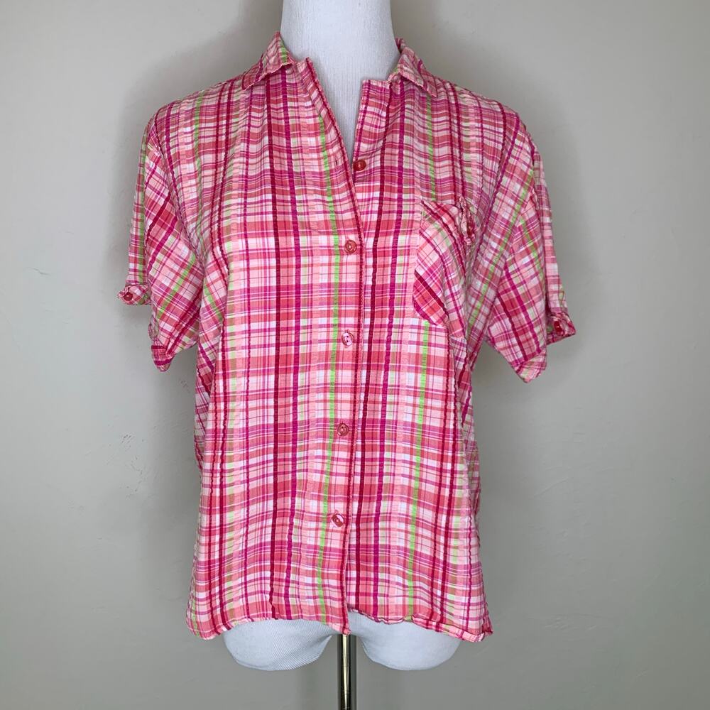Vintage Seersucker Pink Plaid Shirt Sz Medium